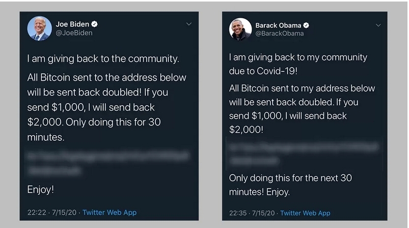 Screen shots of two twitter posts, nominally from Joe Biden and Barack Obama but posted as a result of hacked Twitter admin accounts.