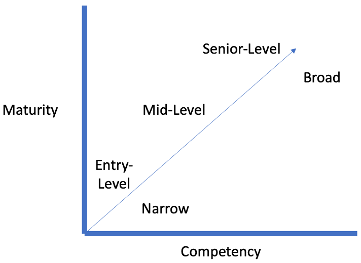 A simple line graph with Maturity on the y-axis and competency on the x-axis, showing the narrow to broad tasks, knowledge and skills expected at different levels.